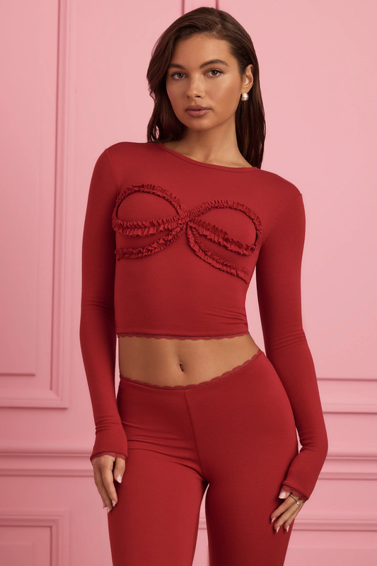 Lace-Trim Appliqué Pyjama Top in Ruby Red - Size:L